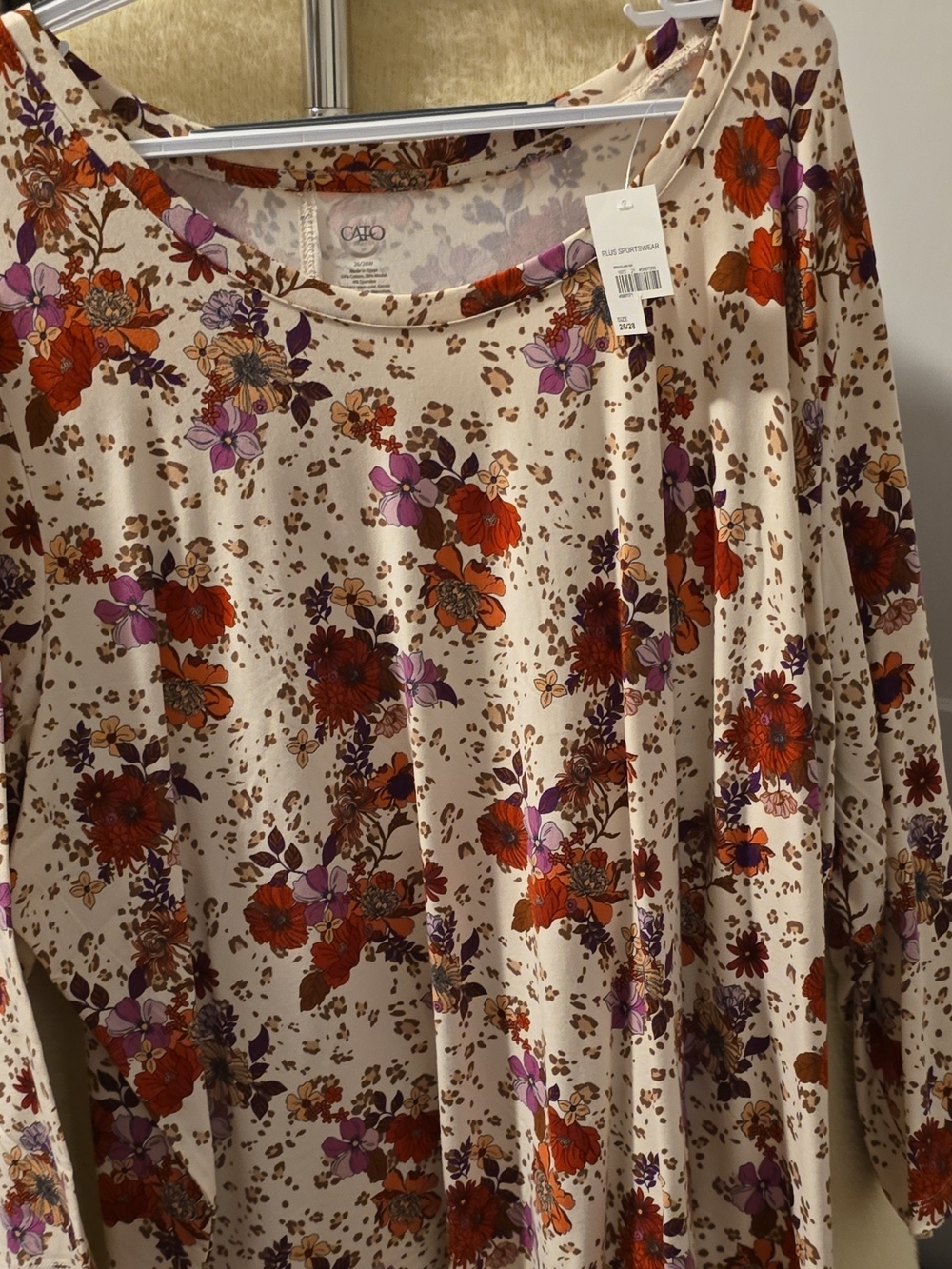 Cato Cream Long Sleeve Floral Tee with Red and Purple Flowers